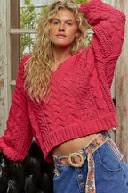 POL Cable-Knit Solid V-Neck Cropped Sweater
