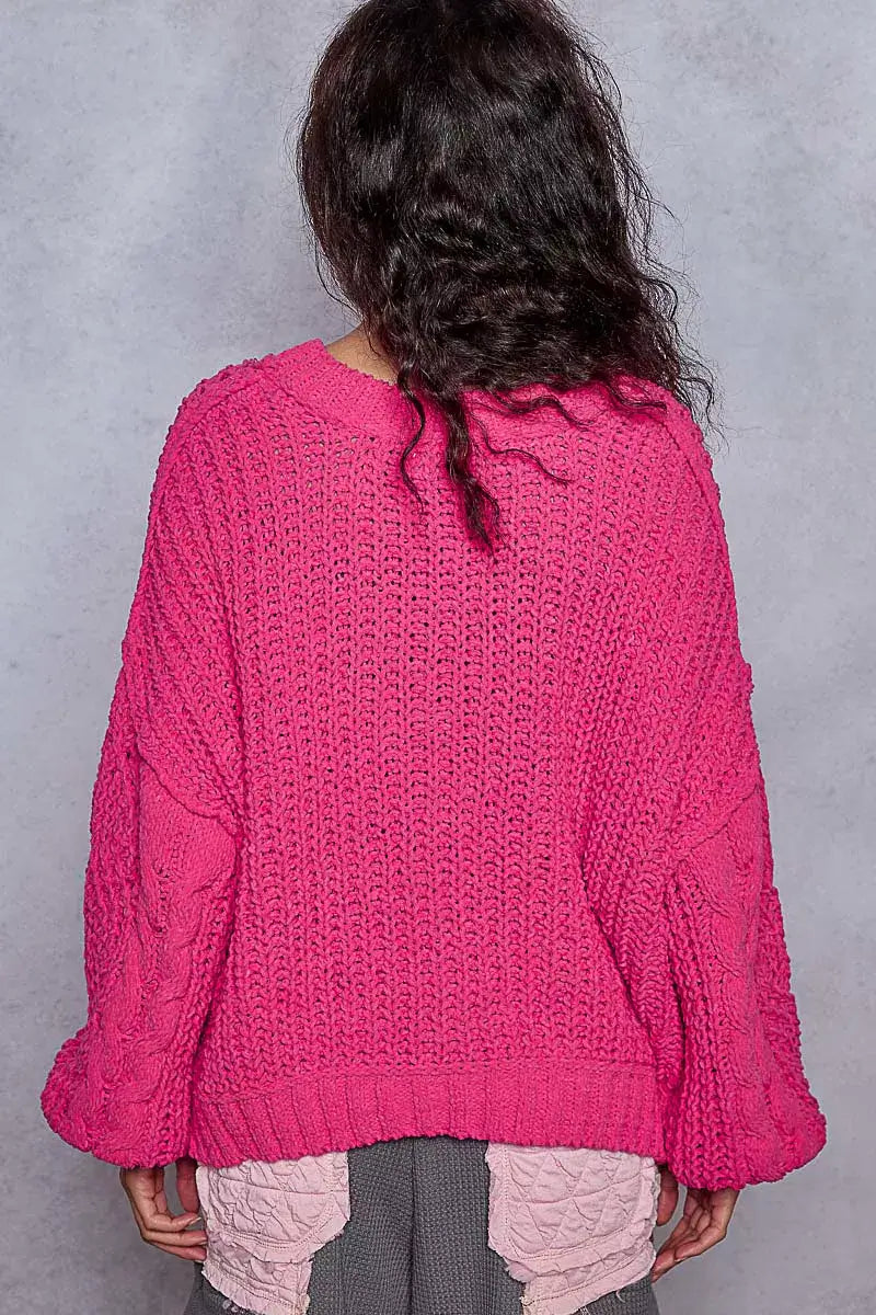 POL Cable-Knit Solid V-Neck Cropped Sweater