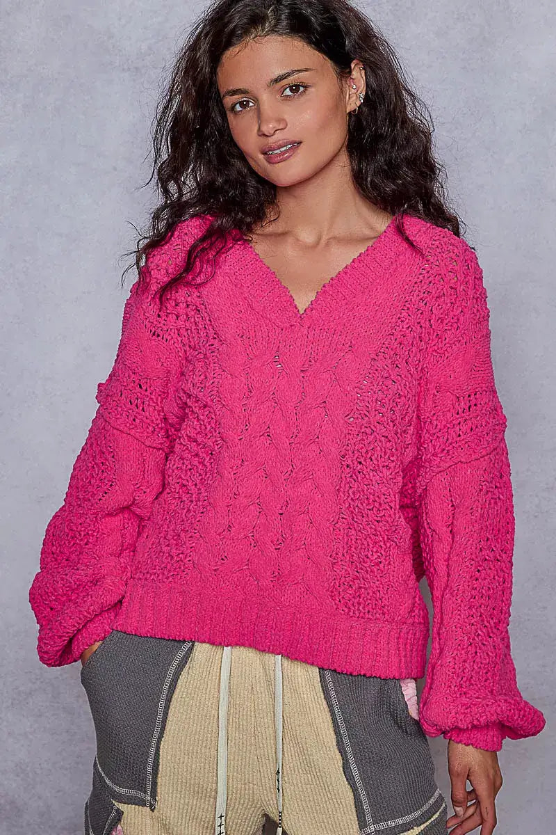 POL Cable-Knit Solid V-Neck Cropped Sweater