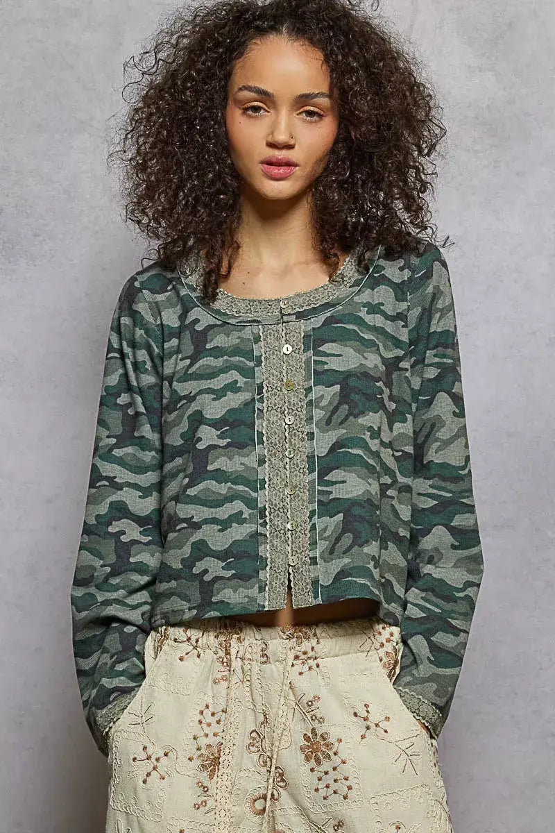 POL Camouflage Print Long Sleeve Top