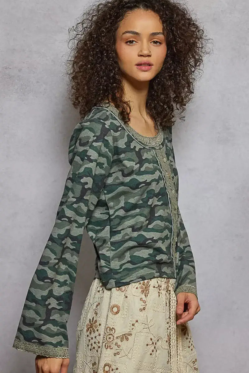 POL Camouflage Print Long Sleeve Top