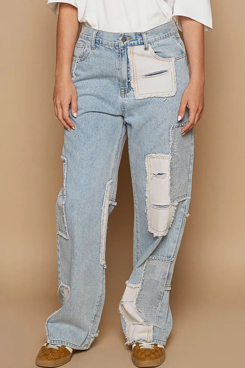 POL Contrast Patched Raw Hem Straight Jeans Hauptbild