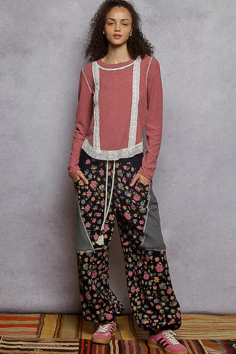 POL Contrast Round Neck Long Sleeve Ribbed Top with Eyelet Patch