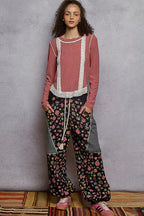 POL Contrast Round Neck Long Sleeve Ribbed Top with Eyelet Patch