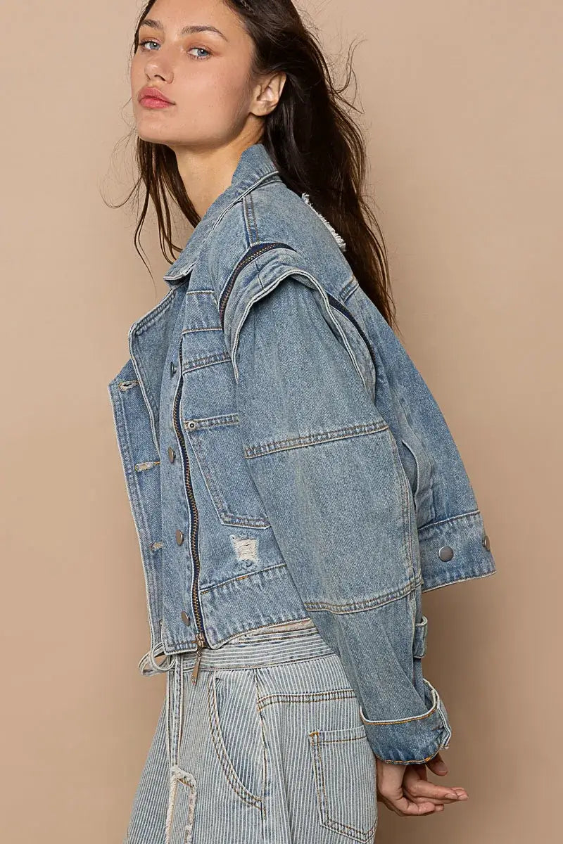 POL Cropped Denim Jacket with Functional Zipper Detail