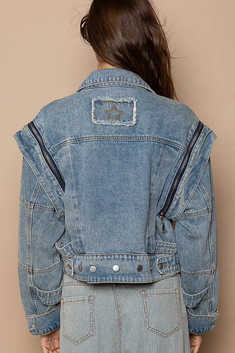 POL Cropped Denim Jacket with Functional Zipper Detail