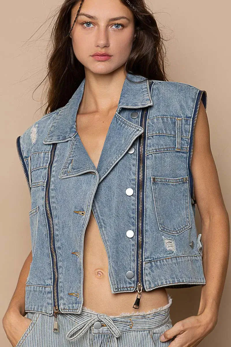 POL Cropped Denim Jacket with Functional Zipper Detail
