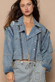 POL Cropped Denim Jacket with Functional Zipper Detail