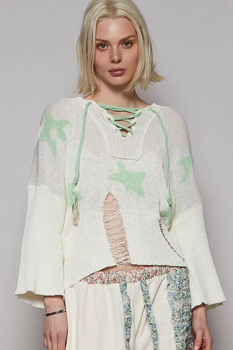 POL Distressed Lace-Up Star Pattern Hooded Hooded Sweater