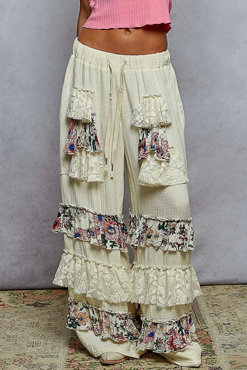 POL Drawstring Double Gauze Wide Leg Pants with Print and Lace Ruffle Image principale du produit