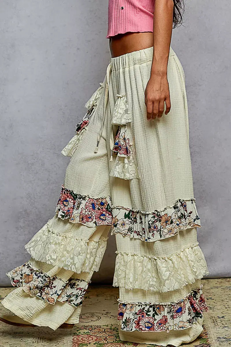 POL Drawstring Double Gauze Wide Leg Pants with Print and Lace Ruffle