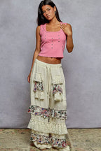 POL Drawstring Double Gauze Wide Leg Pants with Print and Lace Ruffle