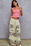 POL Drawstring Double Gauze Wide Leg Pants with Print and Lace Ruffle