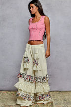 POL Drawstring Double Gauze Wide Leg Pants with Print and Lace Ruffle