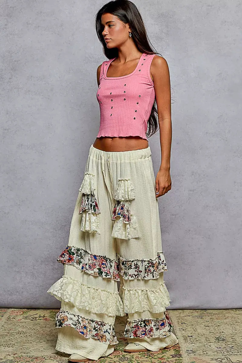 POL Drawstring Double Gauze Wide Leg Pants with Print and Lace Ruffle
