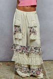 POL Drawstring Double Gauze Wide Leg Pants with Print and Lace Ruffle