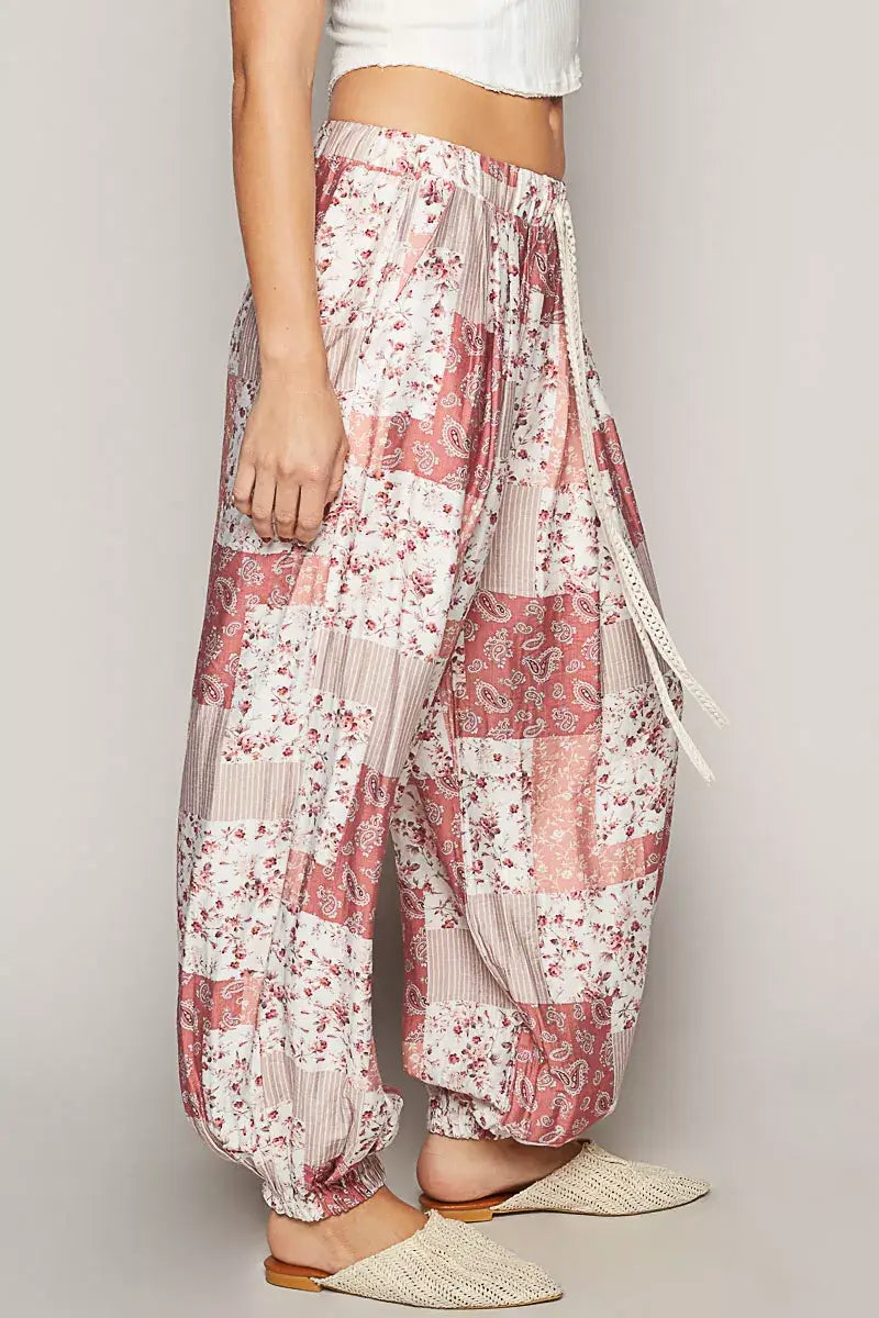 POL Drawstring Floral Patchwork Wide leg Pants