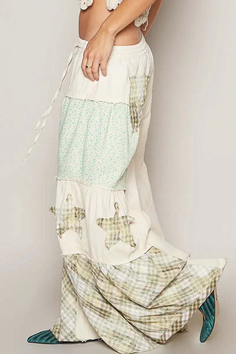 POL Drawstring Star Patch Contrast Wide Leg Pants