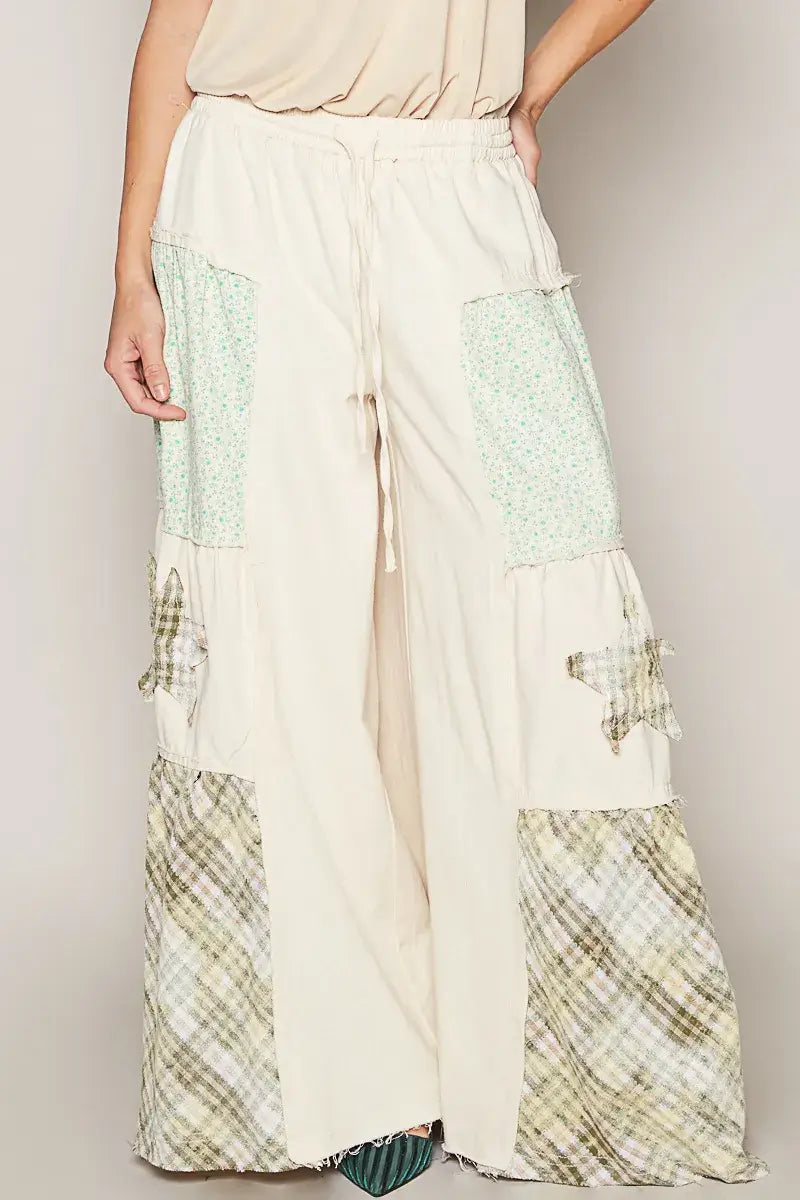 POL Drawstring Star Patch Contrast Wide Leg Pants
