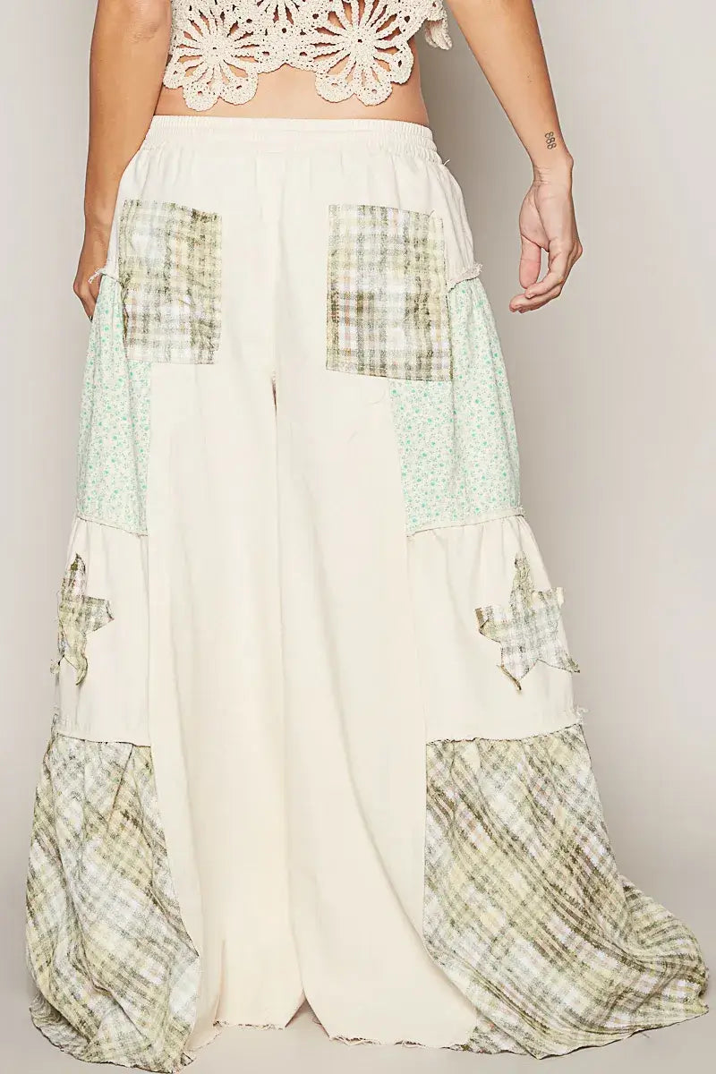 POL Drawstring Star Patch Contrast Wide Leg Pants