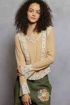 POL Floral Patch V-Neck Long Sleeve Ribbed Top