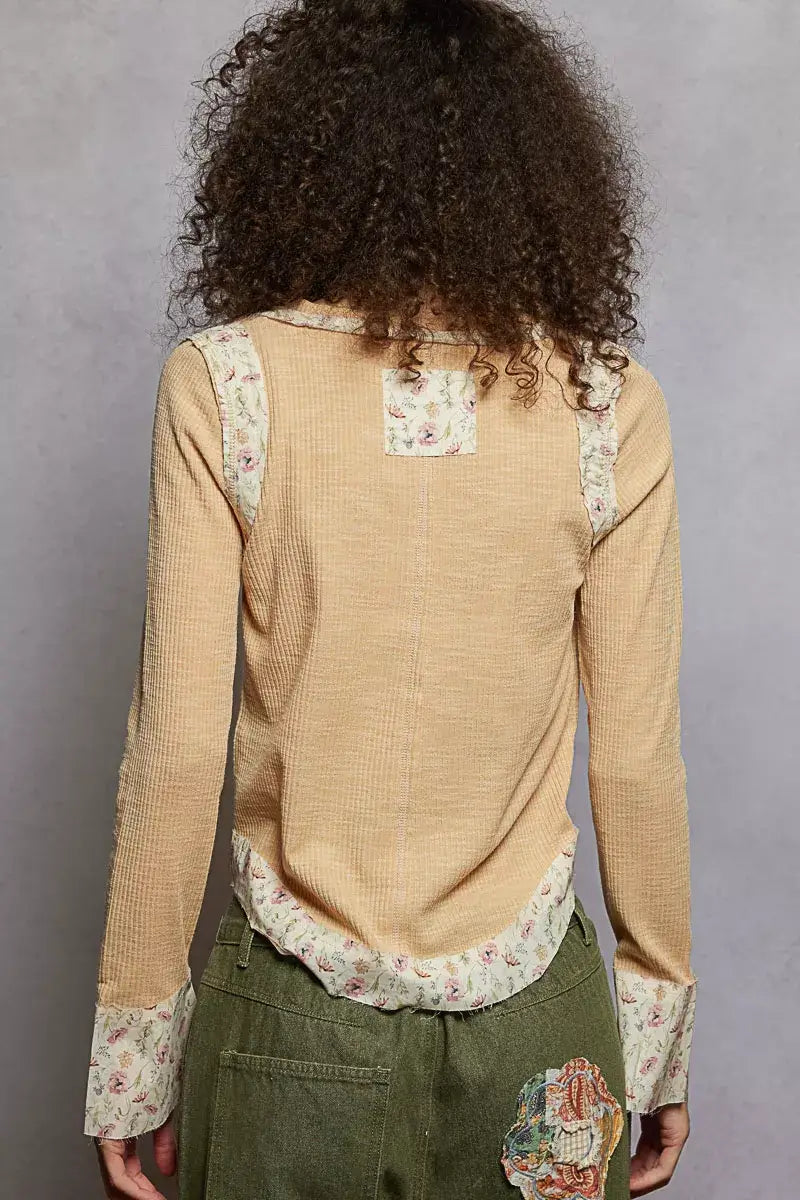POL Floral Patch V-Neck Long Sleeve Ribbed Top