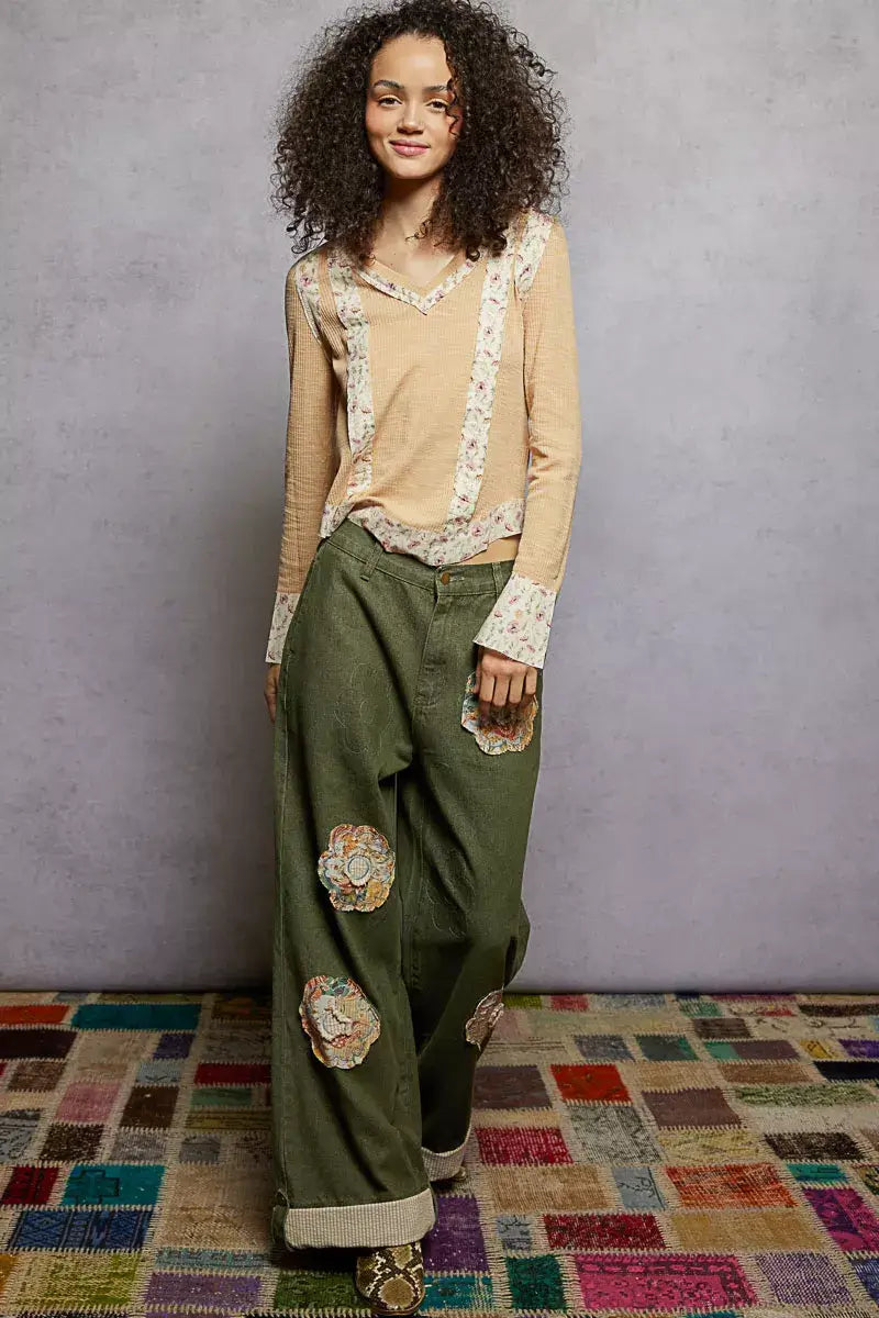 POL Floral Patch V-Neck Long Sleeve Ribbed Top