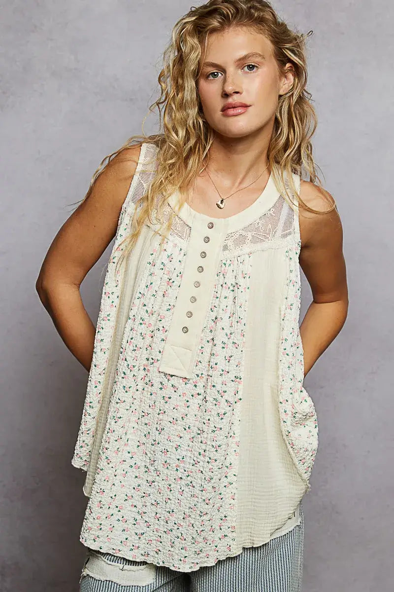 POL Floral Print Button-Front Lace Patchwork Tank Top Hauptbild