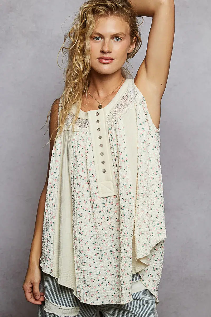 POL Floral Print Button-Front Lace Patchwork Tank Top