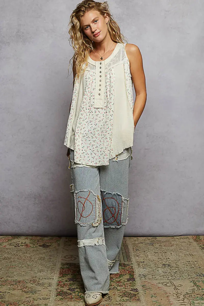 POL Floral Print Button-Front Lace Patchwork Tank Top