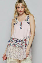 POL Floral Print Scoop Neck Tank with Lace Trim