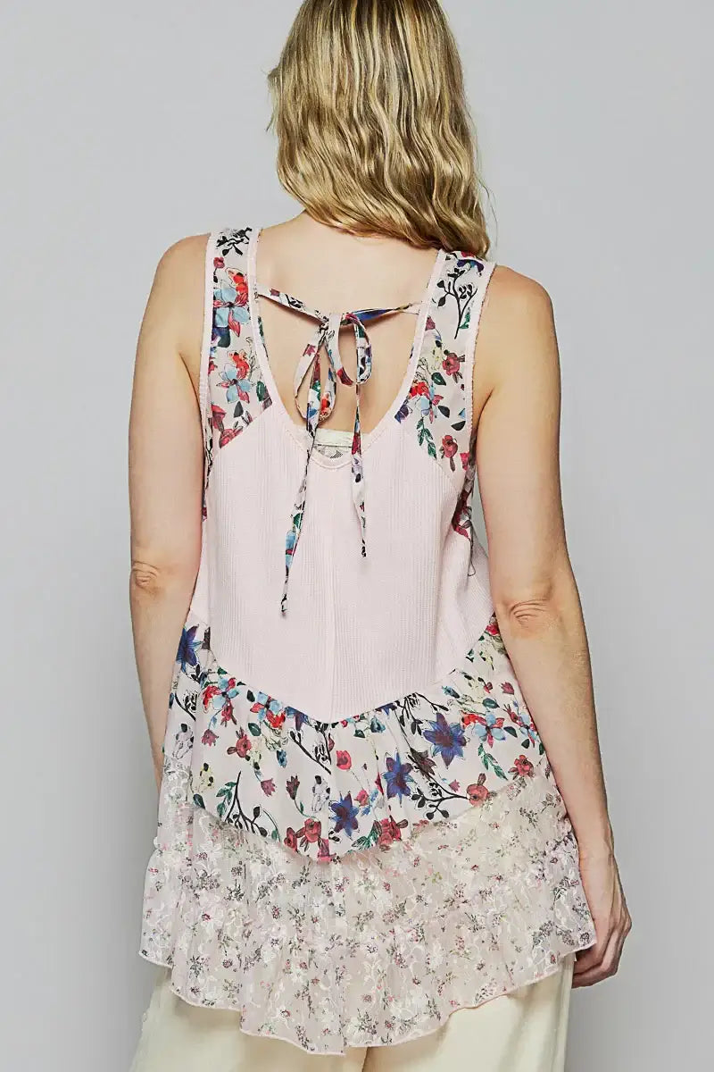 POL Floral Print Scoop Neck Tank with Lace Trim