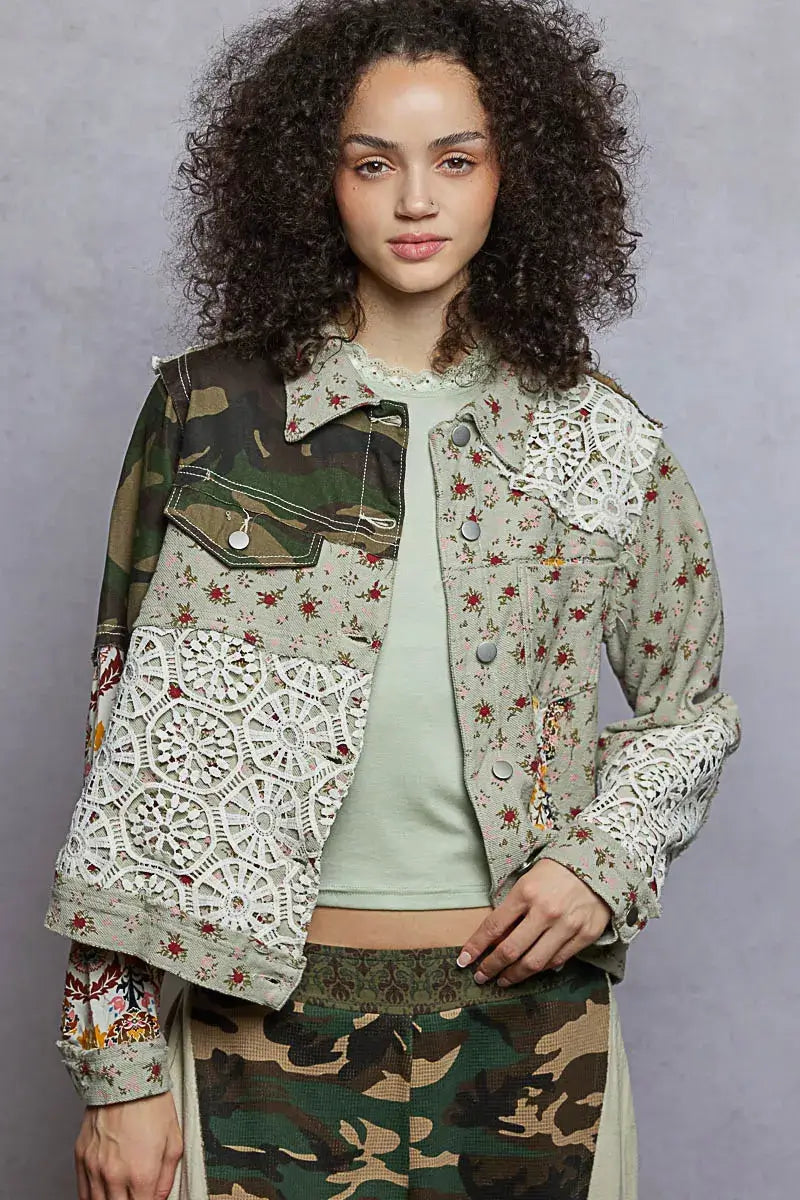POL Floral Printed French Terry Jacket with Crochet Contrast