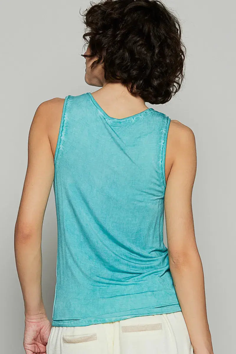 POL Half Button Round Neck Washed Tank
