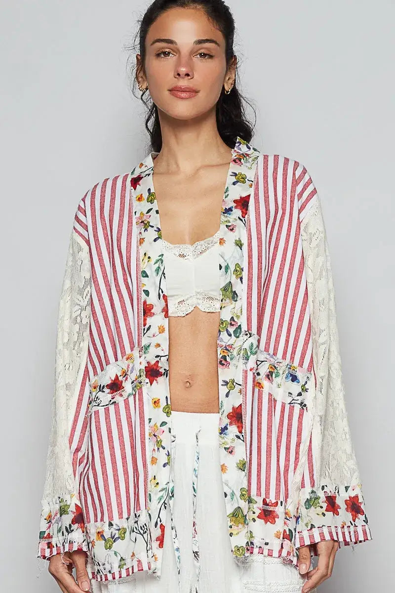 POL Lace Long Sleeve Striped Cardigan with Floral Patchwork Detail