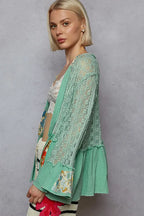 POL Lace Ruffled Hem Open Front Cardigan