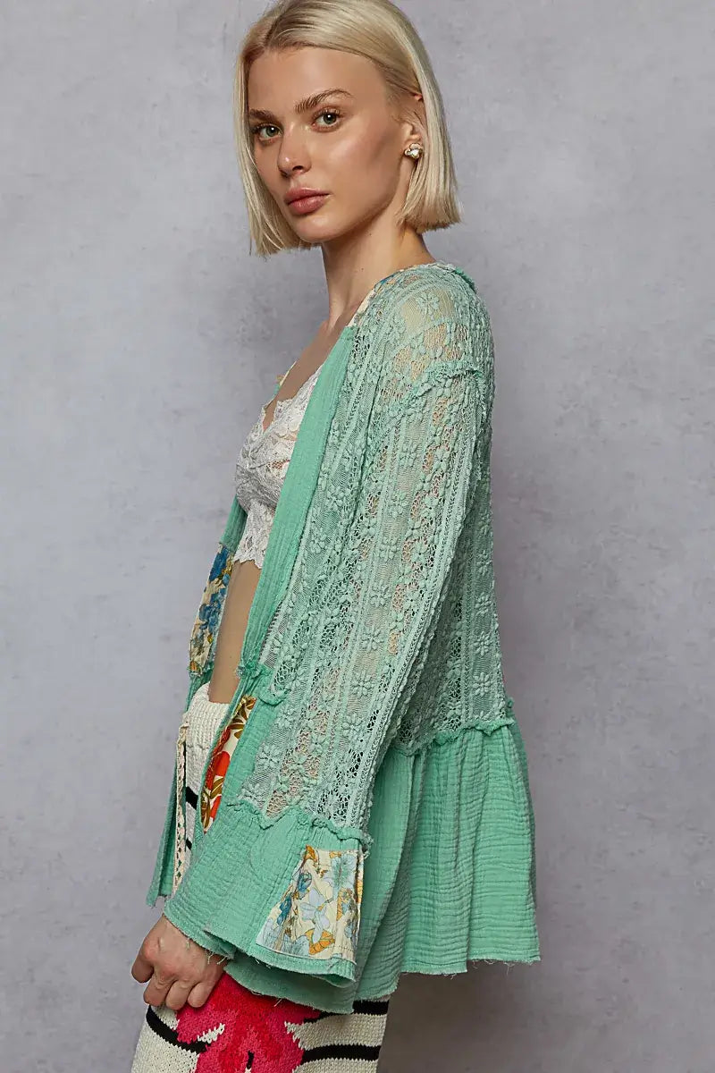 POL Lace Ruffled Hem Open Front Cardigan