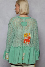 POL Lace Ruffled Hem Open Front Cardigan
