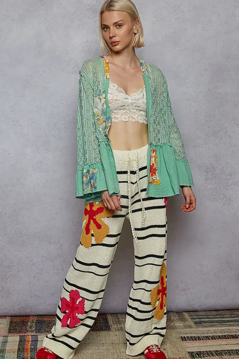 POL Lace Ruffled Hem Open Front Cardigan