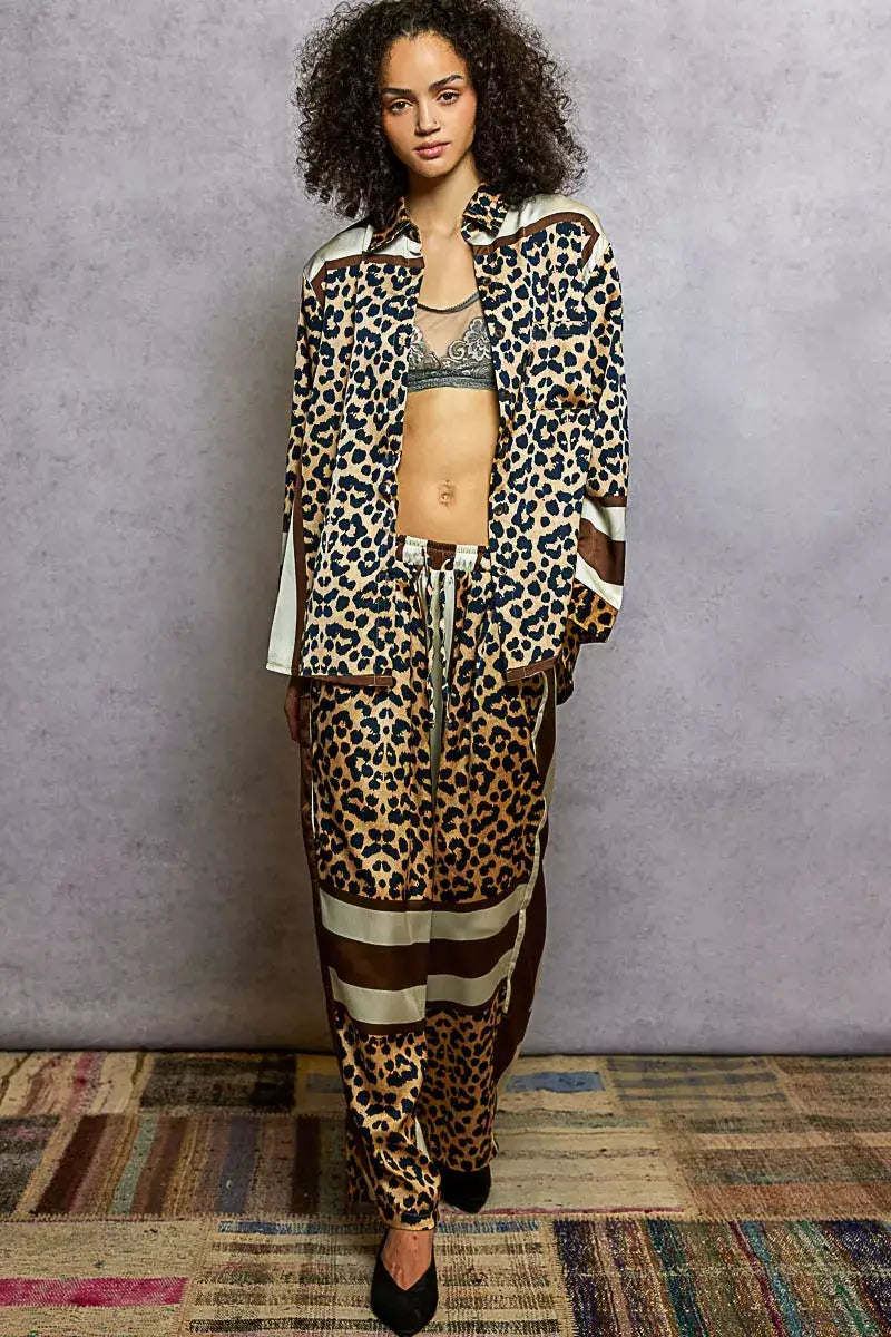 POL Leopard Printed Woven Wide Leg Drawstring Pants