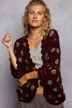 POL Openwork V-Neck Chenille Cardigan with Contrast Floral