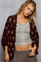 POL Openwork V-Neck Chenille Cardigan with Contrast Floral