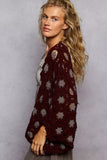 POL Openwork V-Neck Chenille Cardigan with Contrast Floral