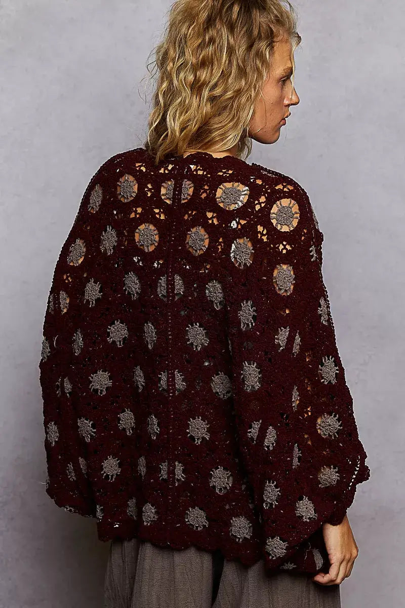 POL Openwork V-Neck Chenille Cardigan with Contrast Floral
