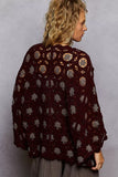 POL Openwork V-Neck Chenille Cardigan with Contrast Floral