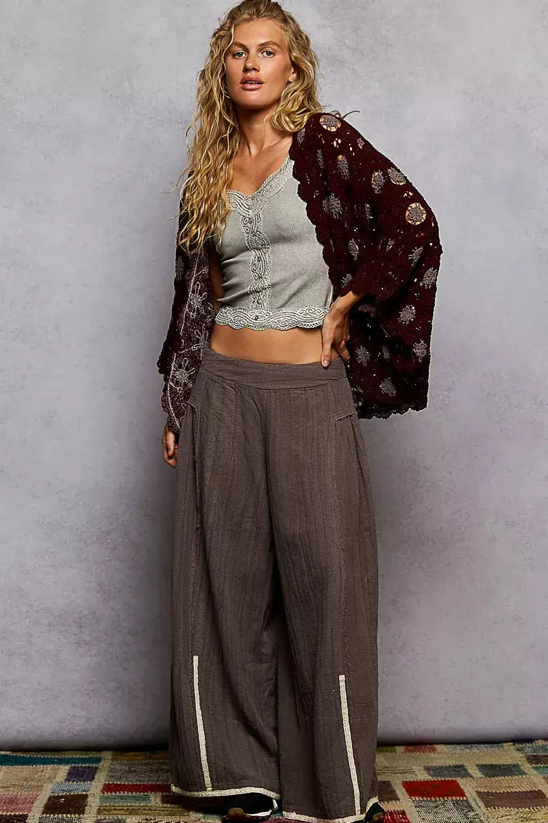 POL Openwork V-Neck Chenille Cardigan with Contrast Floral