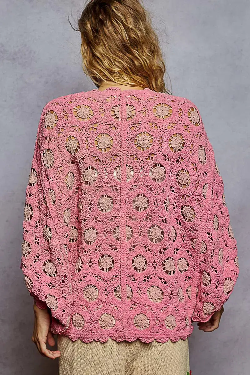 POL Openwork V-Neck Chenille Cardigan with Contrast Floral