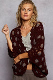 POL Openwork V-Neck Chenille Cardigan with Contrast Floral