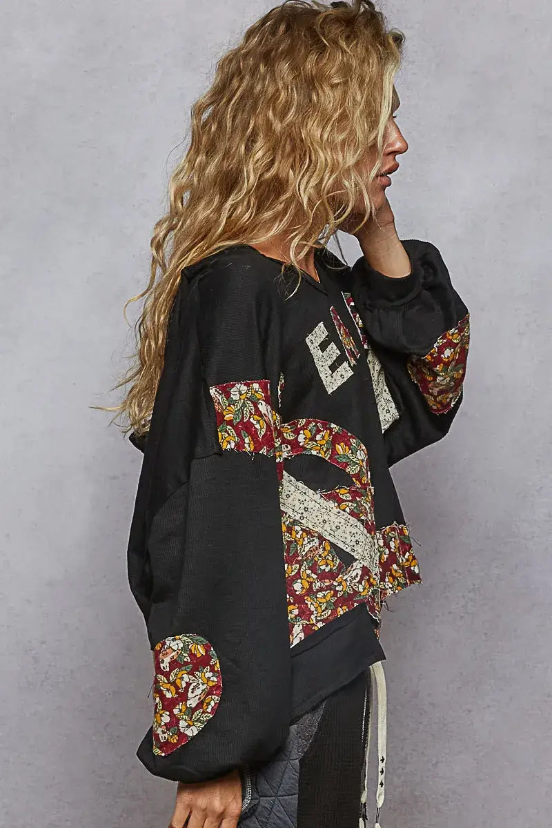 POL Peace Patch Floral Long Sleeve Hoodie