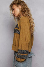 POL Print Patch Round Neck Balloon Sleeve Cropped Top